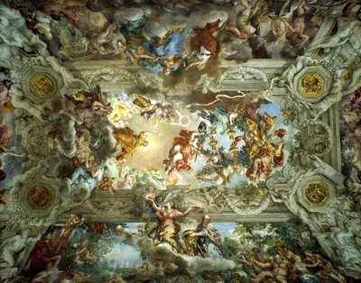 神の摂理とバルベリーニの力の寓意、バルベリーニ宮のホールの天井、ローマ、イタリア、1633-39 作： Pietro da Cortona